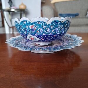 Antique PERSIAN Enamel Copper Kashkul Bowl &  Plate